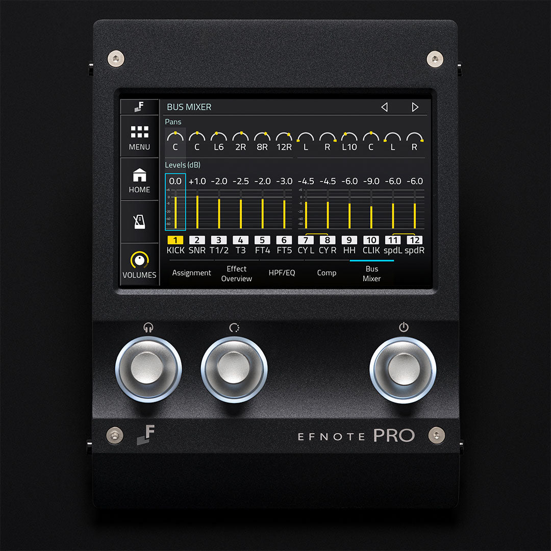 EFNOTE PRO 703X electronic drum kit mixer interface with volume knobs and detailed sound level display by EFNOTE.