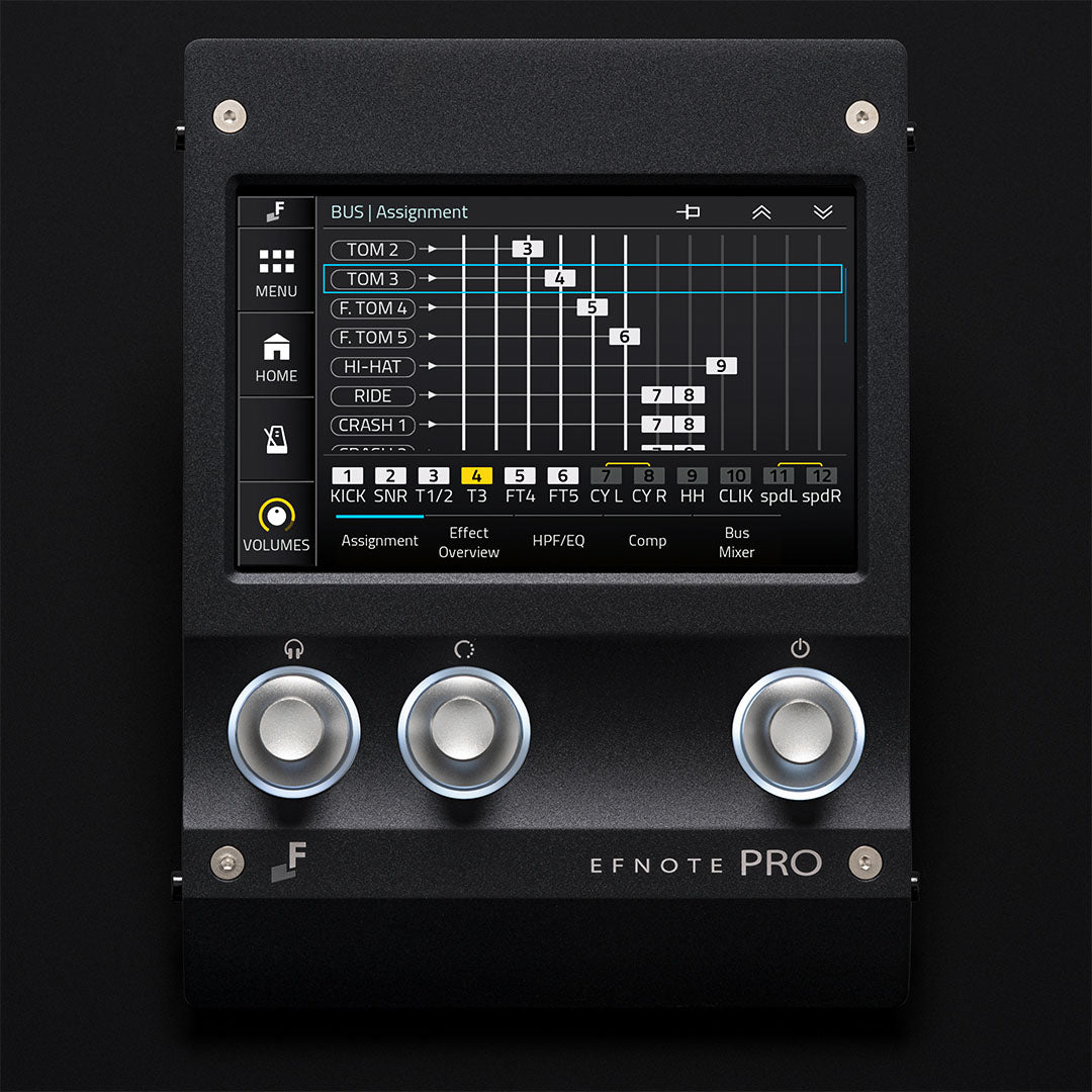 EFNOTE PRO 703X electronic drum kit control panel with bus assignment screen and three adjustment knobs by EFNOTE
