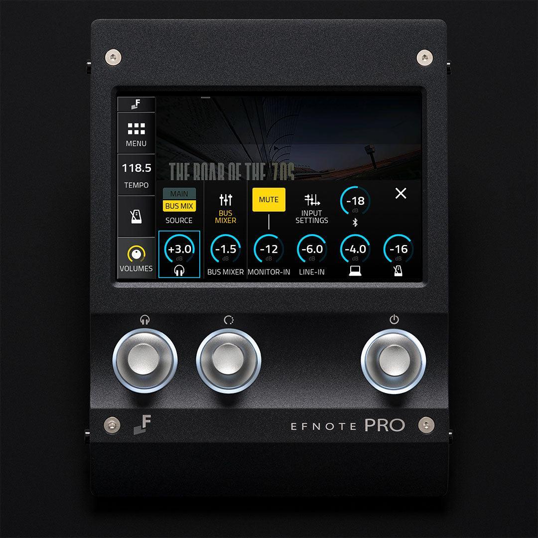 EFNOTE PRO 703X control panel with volume knobs and digital display showing audio mixer and input settings
