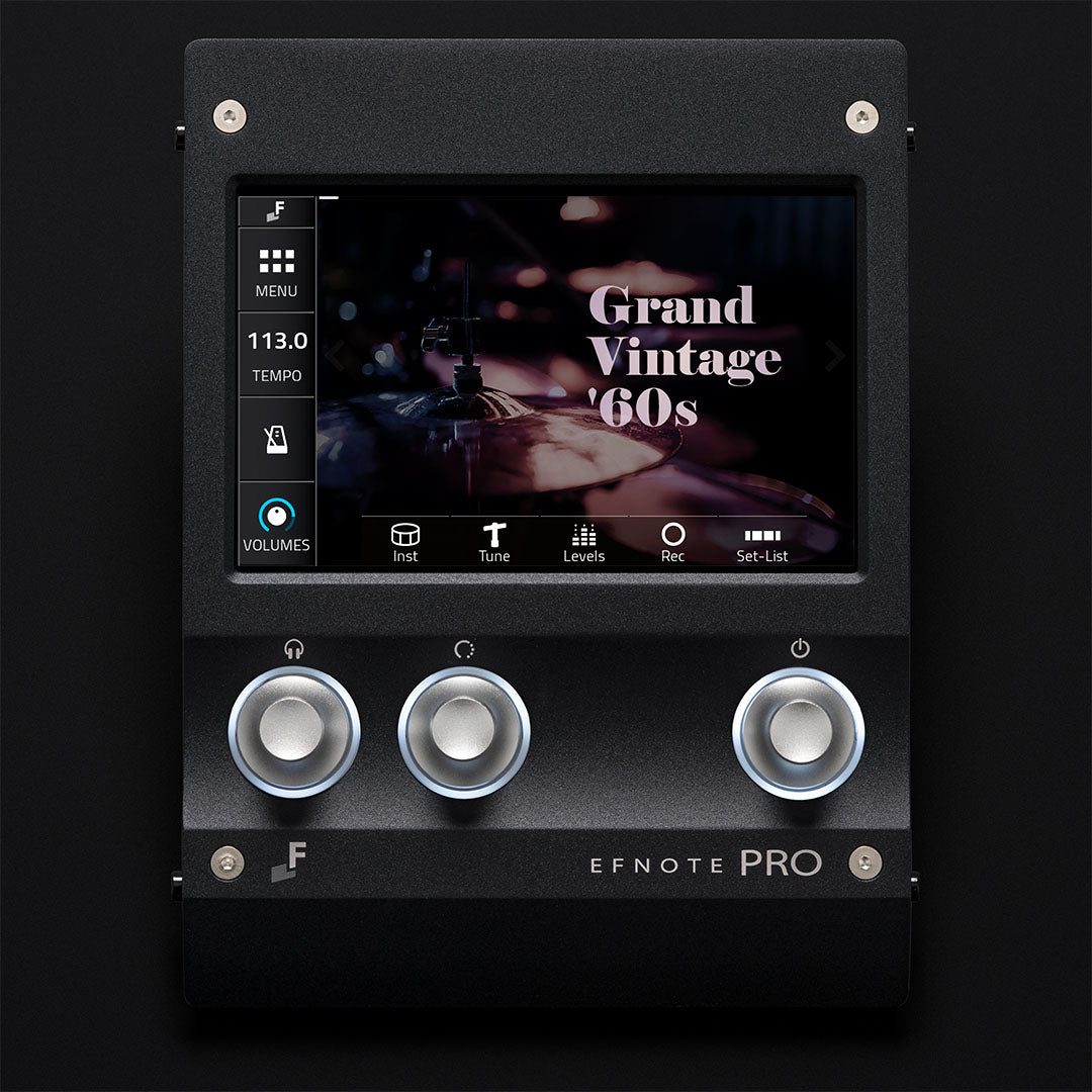 EFNOTE PRO 703X electronic drum module screen displaying Grand Vintage '60s setting with three control knobs and menu options