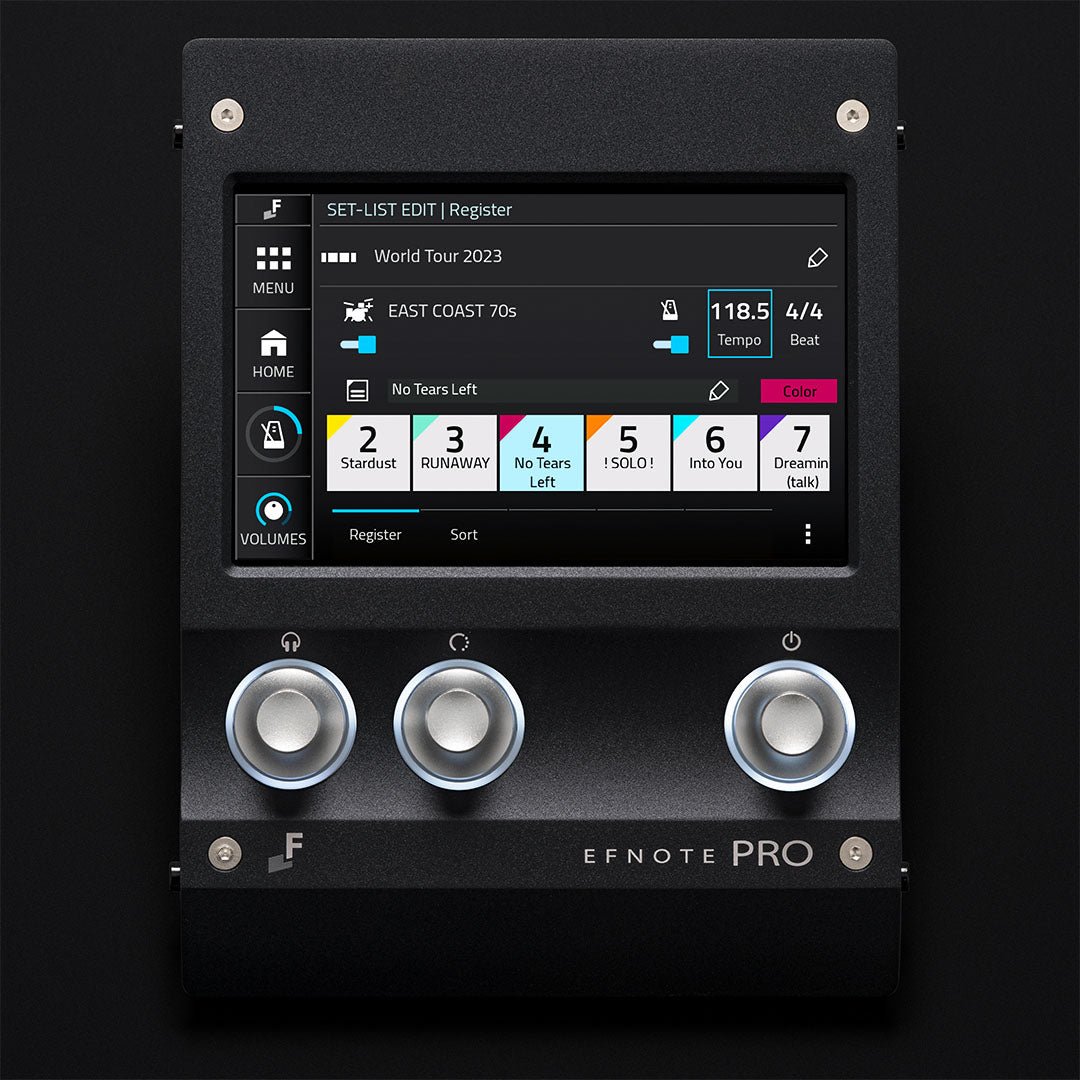 EFNOTE PRO 703X control panel showing set-list editing interface with tempo and beat settings on screen