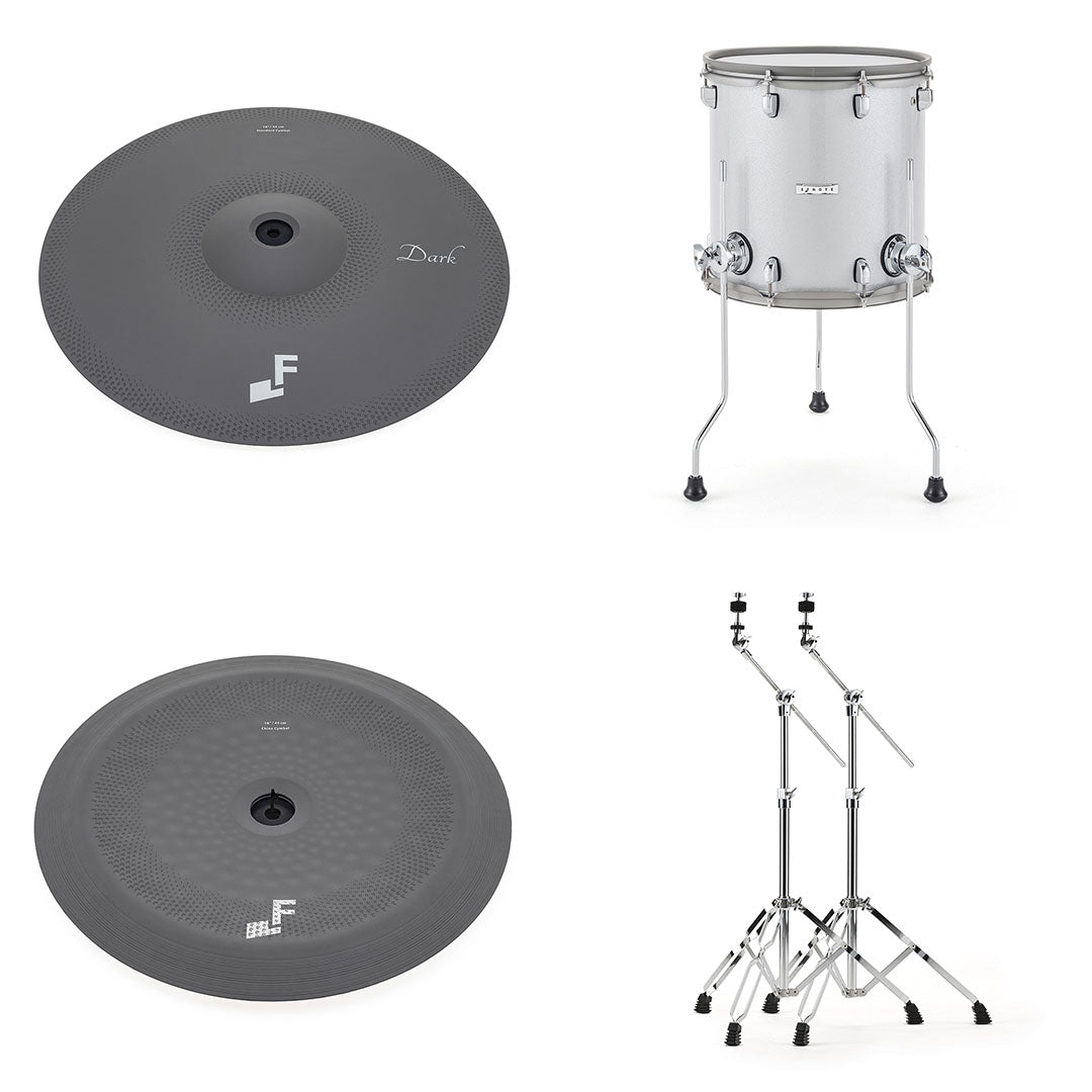 EFNote PRO 507 Complete Set showing dark cymbals, white tom drum, and chrome drum hardware by EFNOTE