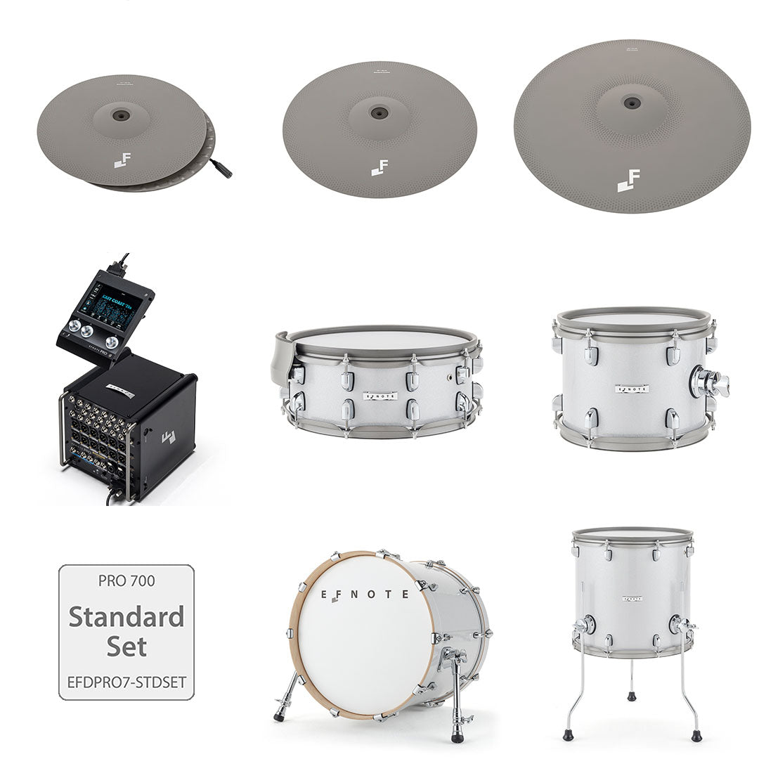EFNote PRO 700 Standard Set showing white drums, cymbals with natural feel, and EFNOTE electronic control module