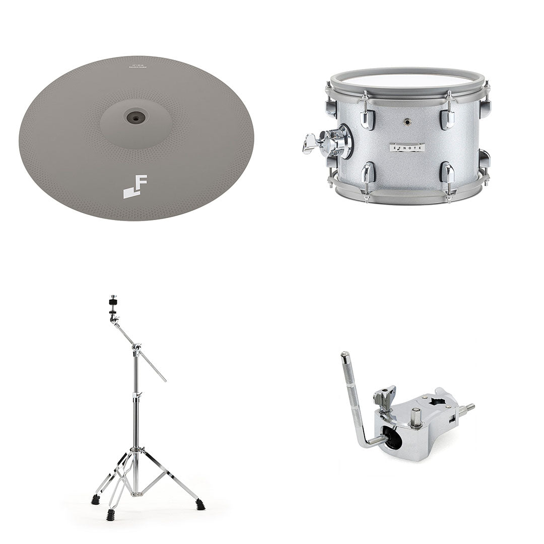 EFNote 7 Expansion Pack 1 - Official Kit Expansion showing gray cymbal pad, silver drum pad, stand, and mounting clamp by EFNOTE