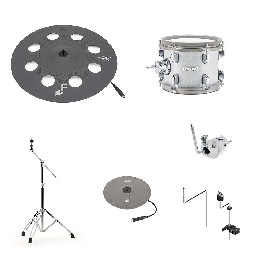EFNote PRO 507 Complete Set showing electronic cymbal, drum pad, drum rack, and hardware components by EFNOTE
