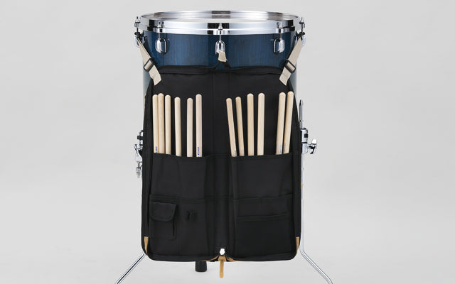 Tama Powerpad Designer stick bag — setup on floor tom with inner pockets