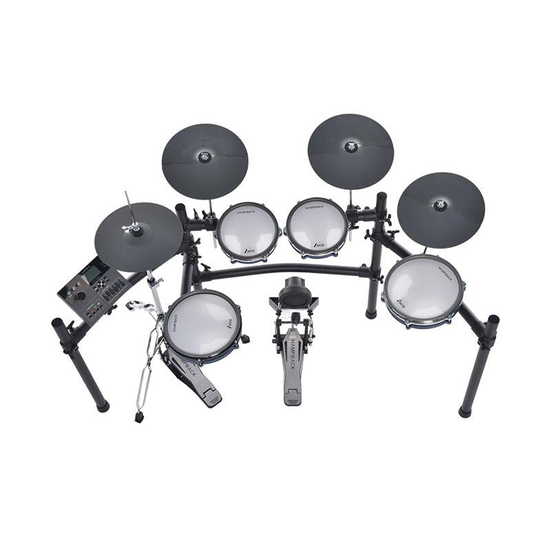 Hampback ACE-360 e-drum set with compact design, multi-sensor snare, 2-piece hihat, and electronic drum module