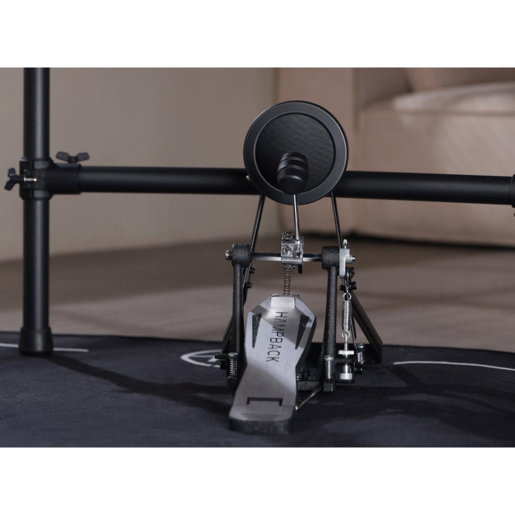 Close-up of Hampback ACE-360 e-drum set kick pedal with compact 2-piece hihat in a practice room setting