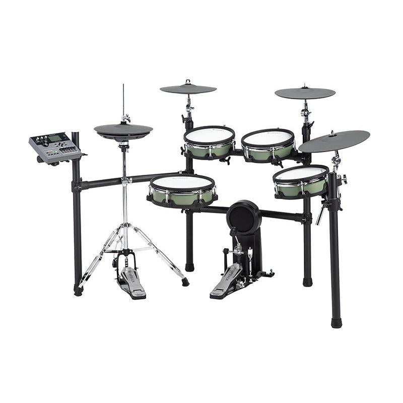 Hampback ACE-530 e-drum set featuring multiple drum pads, cymbals, pedals, and control module in a compact black frame