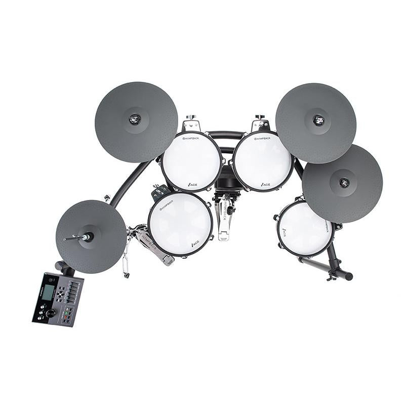 Hampback ACE-530 e-drum set with multiple drum pads, cymbals, and an electronic control module in black and white design