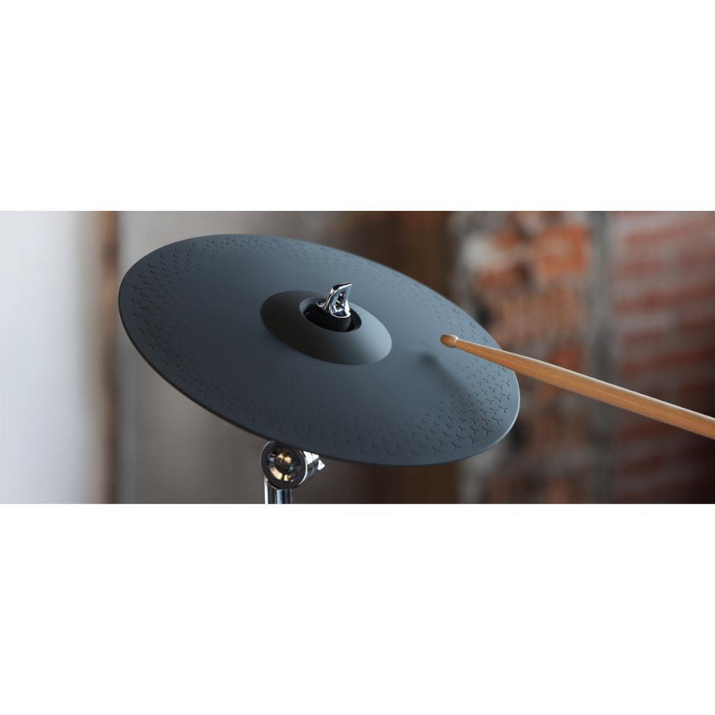 Hampback ACE-530 e-drum set close-up of black cymbal pad with wooden drumstick striking it