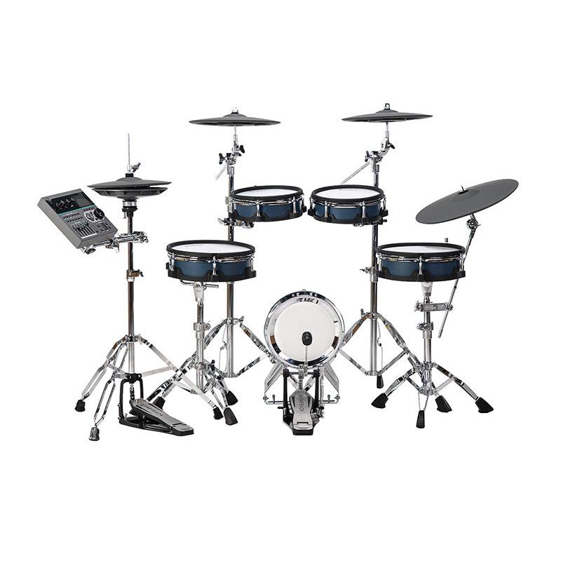 Hampback ACE-970 e-drum set with blue drums, cymbals, kick pedal, and control module on chrome stands