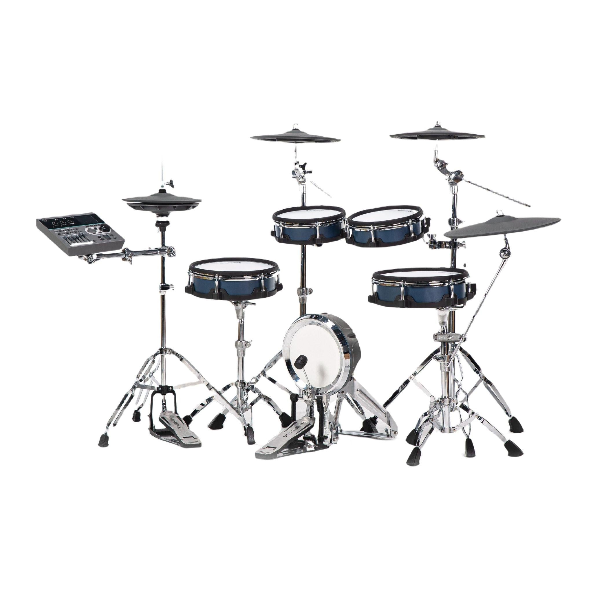 Hampback ACE-970 e-drum set featuring electronic pads, cymbals, and control module with sturdy chrome hardware.