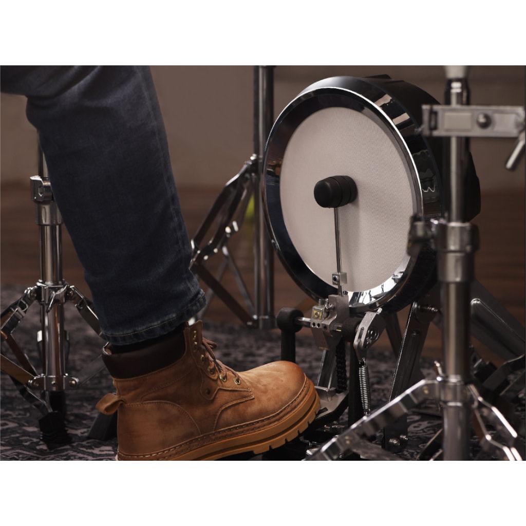 Hampback ACE-970 e-drum set bass drum pad being played with a drum pedal, focused on the foot and hardware.