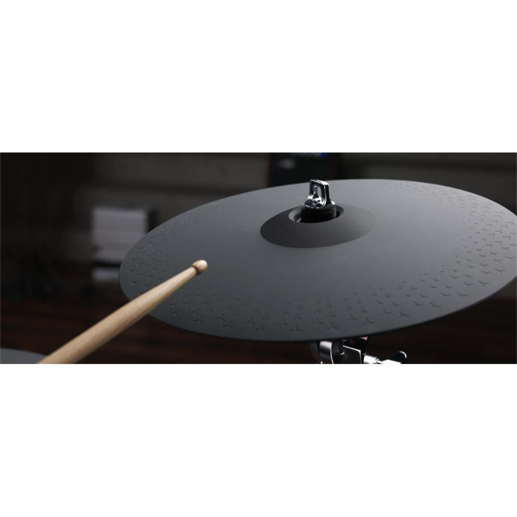 Close-up of a black cymbal being struck by a drumstick on the Hampback ACE-970 e-drum set by Hampback