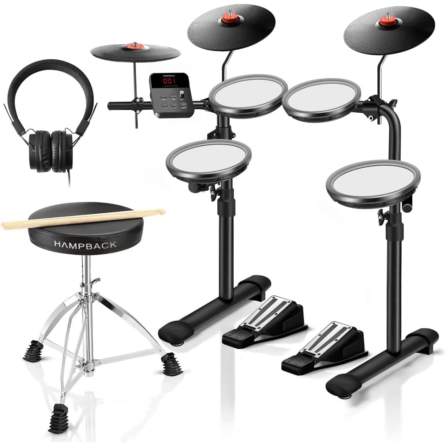 Hampback MK-0 electronic drum set for beginners and children with headphones, stool, and drumsticks by Hampback