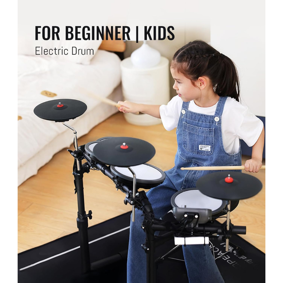 Child playing a Hampback MK-0 electronic drum set for beginners and children in a bright room setting