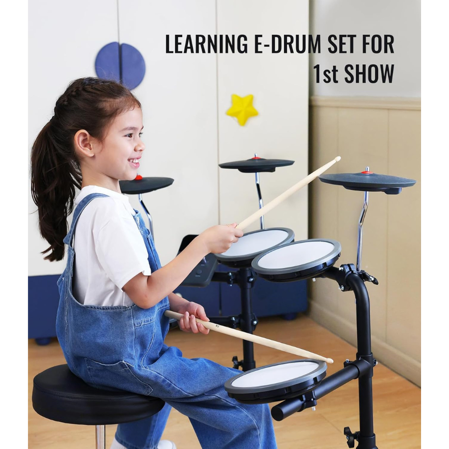 Child playing Hampback MK-0 electronic drum set for beginners and children in a cozy room setting