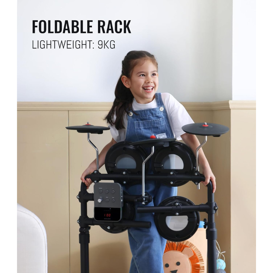 Girl holding foldable rack of Hampback MK-0 electronic drum set for beginners and children in a room setting