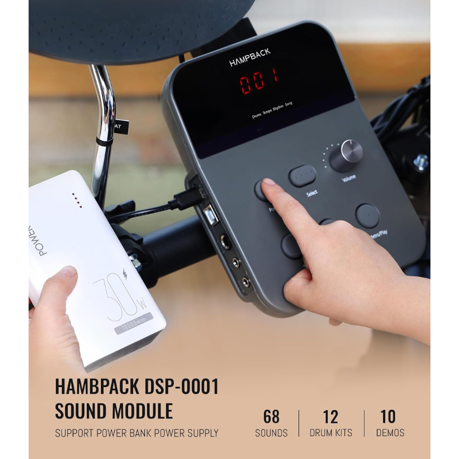 Close-up of Hampback MK-0 electronic drum set for beginners and children showing the sound module with hand adjusting controls