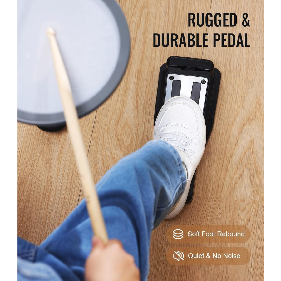 Foot pressing on rugged durable pedal of Hampback MK-0 electronic drum set for beginners and children on wooden floor