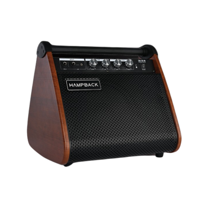 Hampback SK-50 e-drum amplifier with wooden sides, black grille, control knobs, and input jacks for electronic drums.