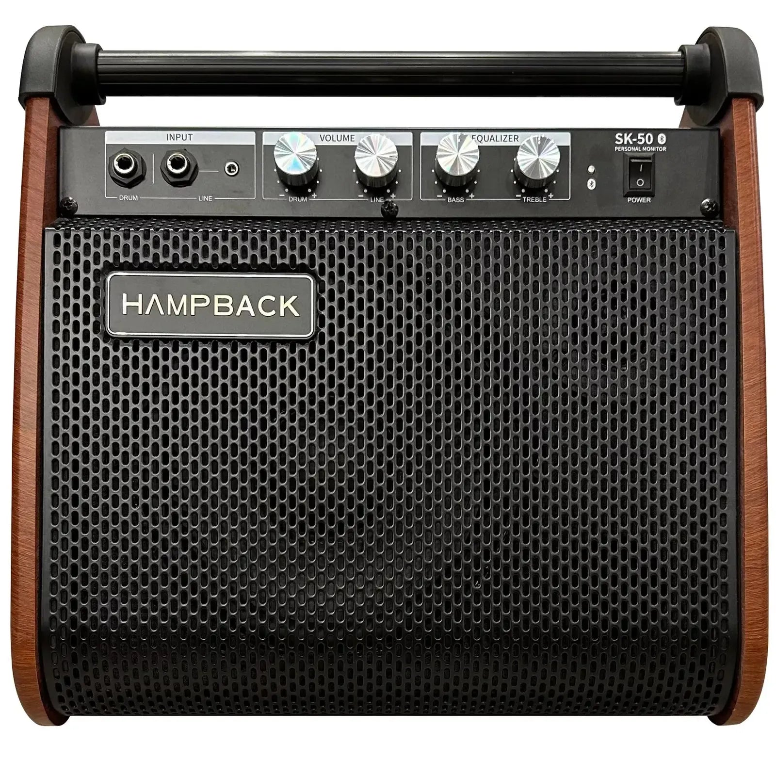 Hampback SK-50 e-drum amplifier with dual inputs, volume and equalizer knobs, wood side panels, and black front grille.