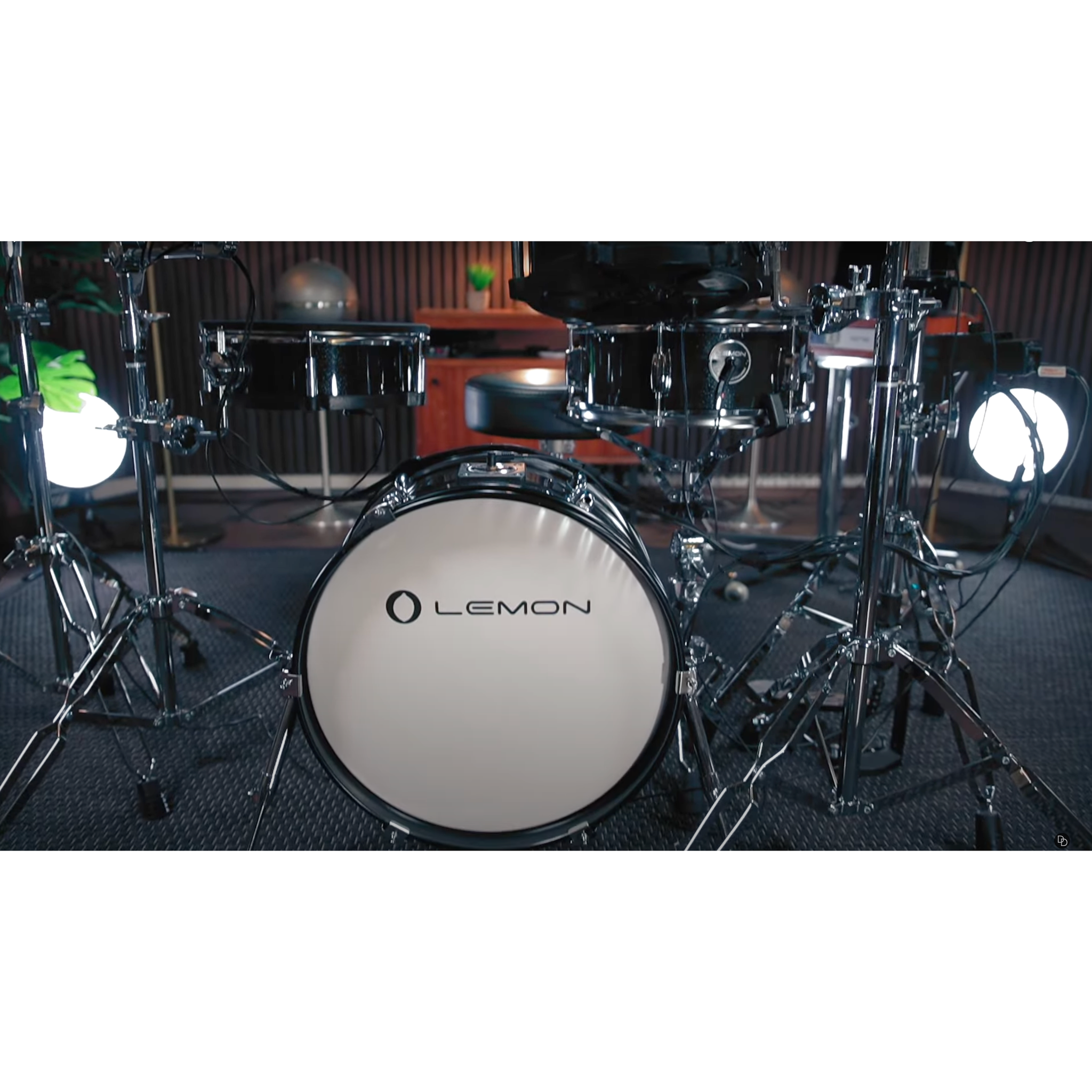 Jack Lemon drum kit with black sparkling shells, 2-ply mesh heads, and SpareDrum hardware by Lemon vendor.