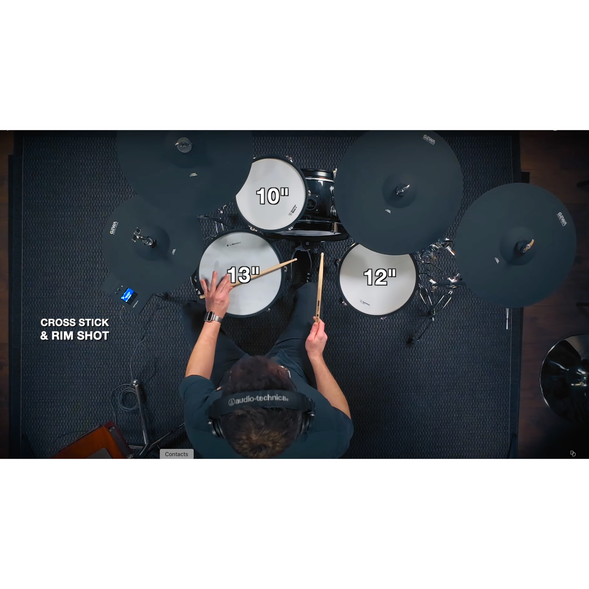 Top view of Jack Lemon drum kit with black sparkling shells showing 10", 12", and 13" drum heads and cymbals