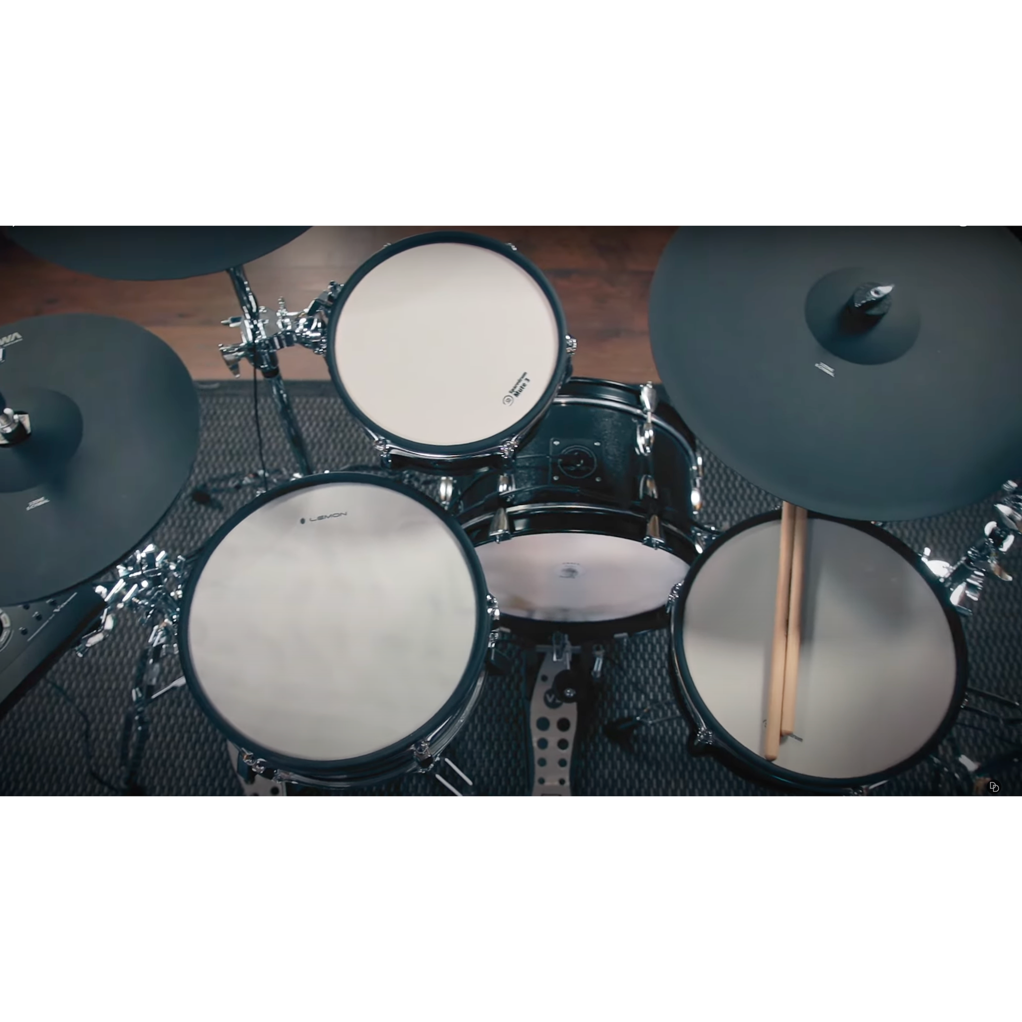 Top view of Jack Lemon drum kit with black sparkling shells, mesh heads, and SpareDrum hardware by Lemon