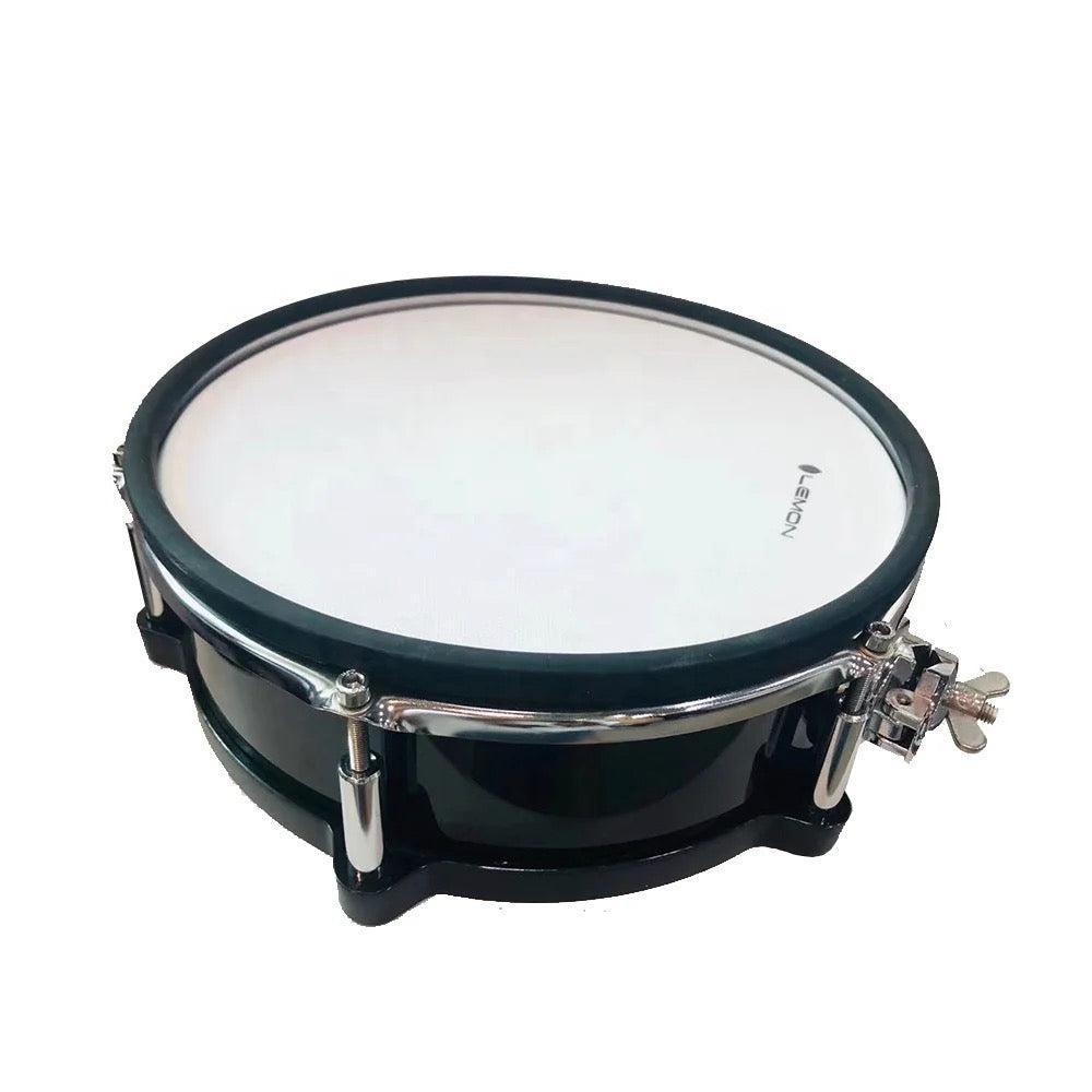Lemon 12x4” 2-zone wooden mesh head pad with bracket showing black drum shell and metal clamp hardware