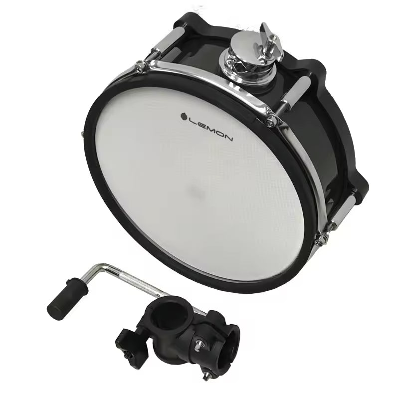 Lemon 12x4” 2-zone wooden mesh head pad with bracket showing drum pad and adjustable clamp accessory