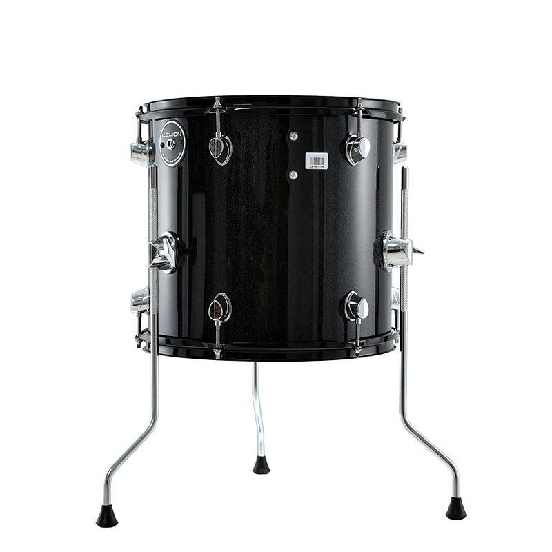 Lemon 13 inch wooden mesh head floor tom in black sparkling finish with chrome hardware on stand legs