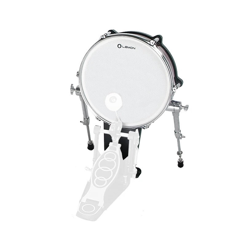 A Lemon 12x4 inch wooden mesh head bass drum with legs, featuring a black finish and adjustable head tension.