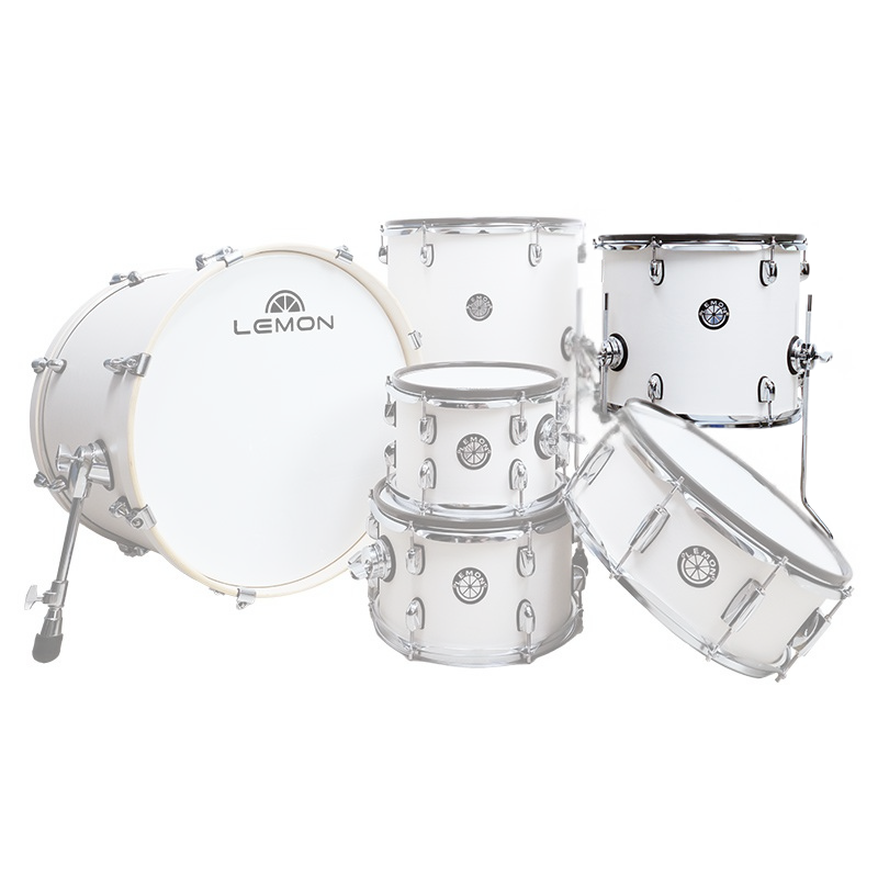 Lemon 14 inch wooden mesh head floor tom shown with matching white drum set including bass drum and toms.