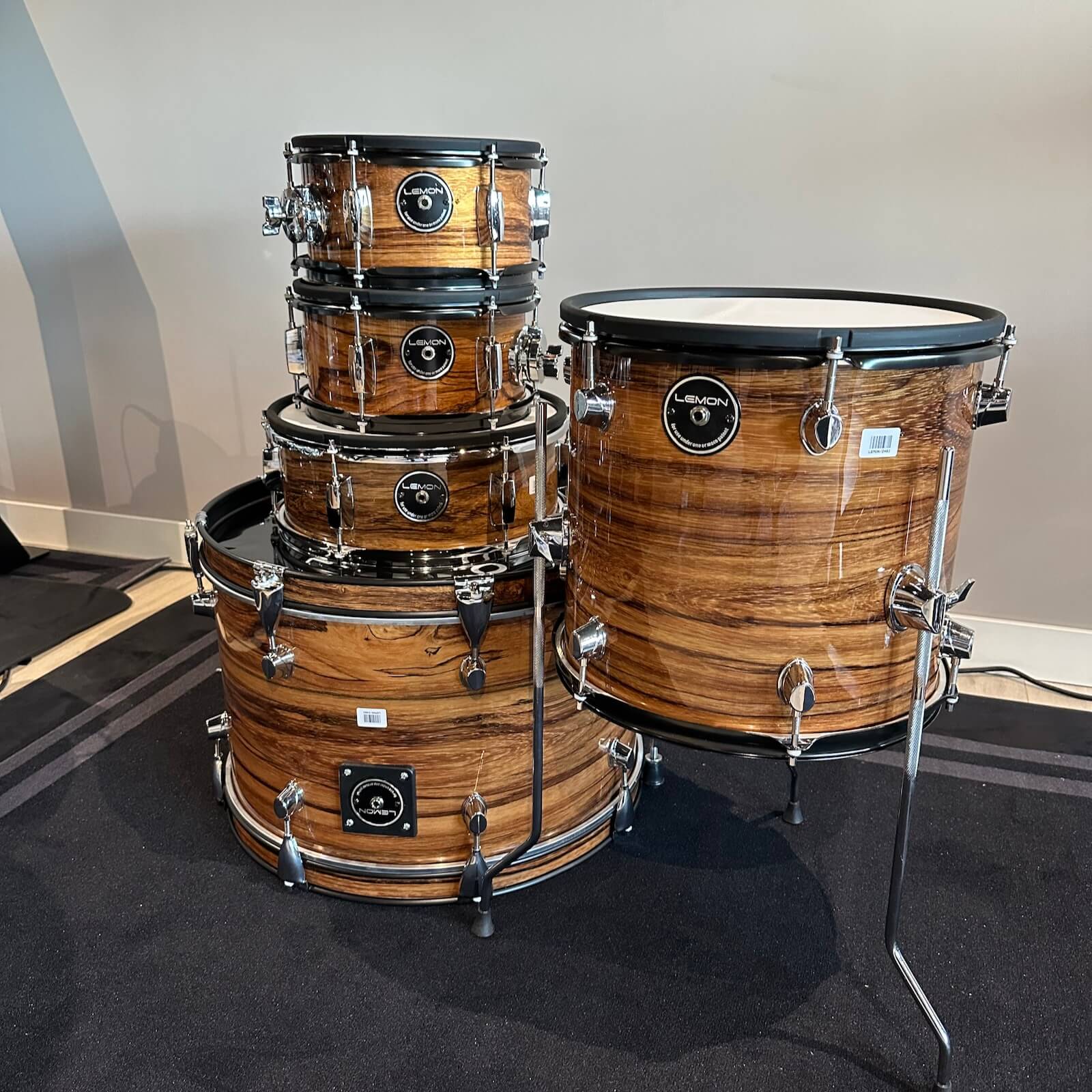 Lemon Dark Wood Grain rock e-drum shell set with real wood shells in warm dark brown finish by Lemon