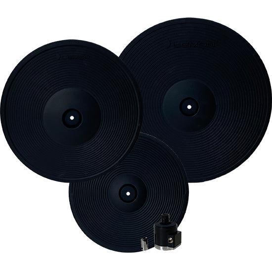 Lemon e-cymbals extended set shows three black electronic cymbals with controller by Lemon, premium quality