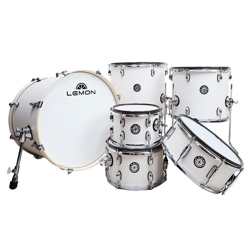 Lemon Rock Shell Set by Lemon with full-size white wooden shells and chrome hardware drum kit components.