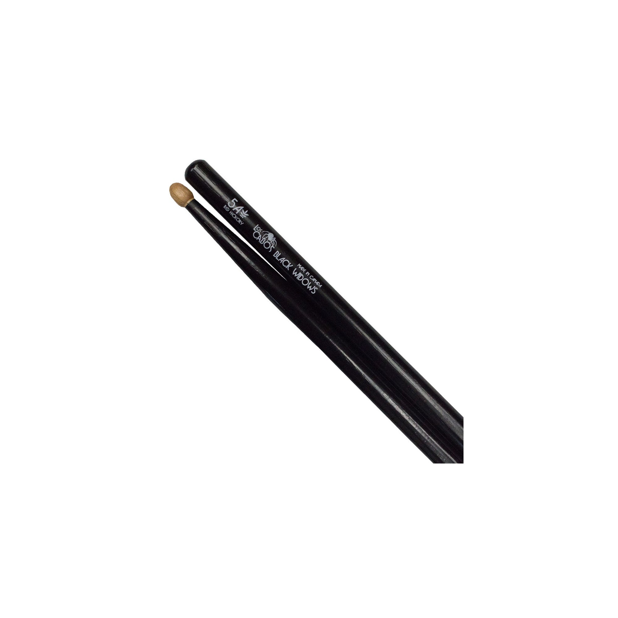 Los Cabos 5A Black Widow Red Hickory Wood Tip drumsticks in black, balanced and eco-responsible design.