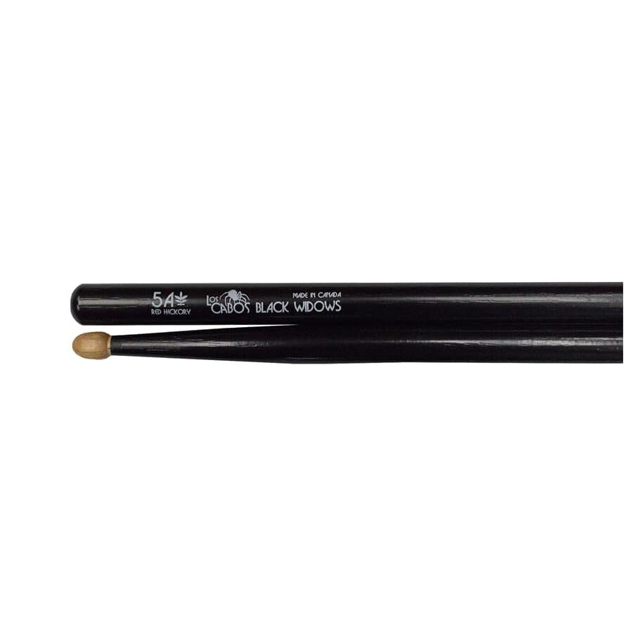 Los Cabos 5A Black Widow Red Hickory Wood Tip drumsticks made from balanced Canadian wood in black finish