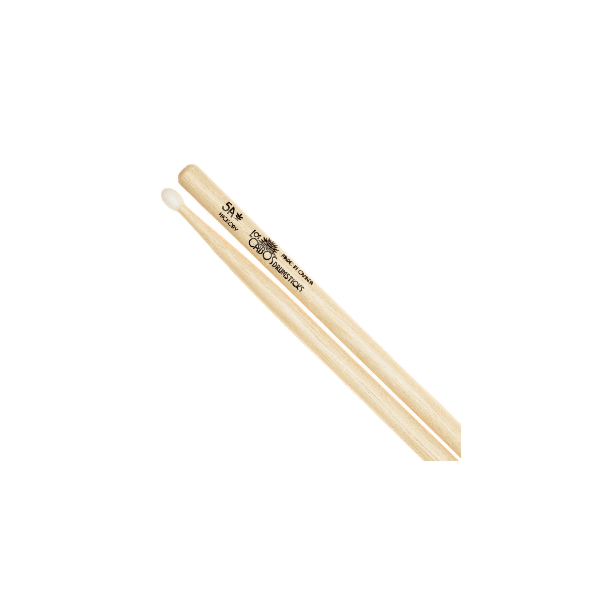 Los Cabos 5A Hickory Nylon Tip drumsticks made from balanced Canadian white hickory wood with nylon tips.