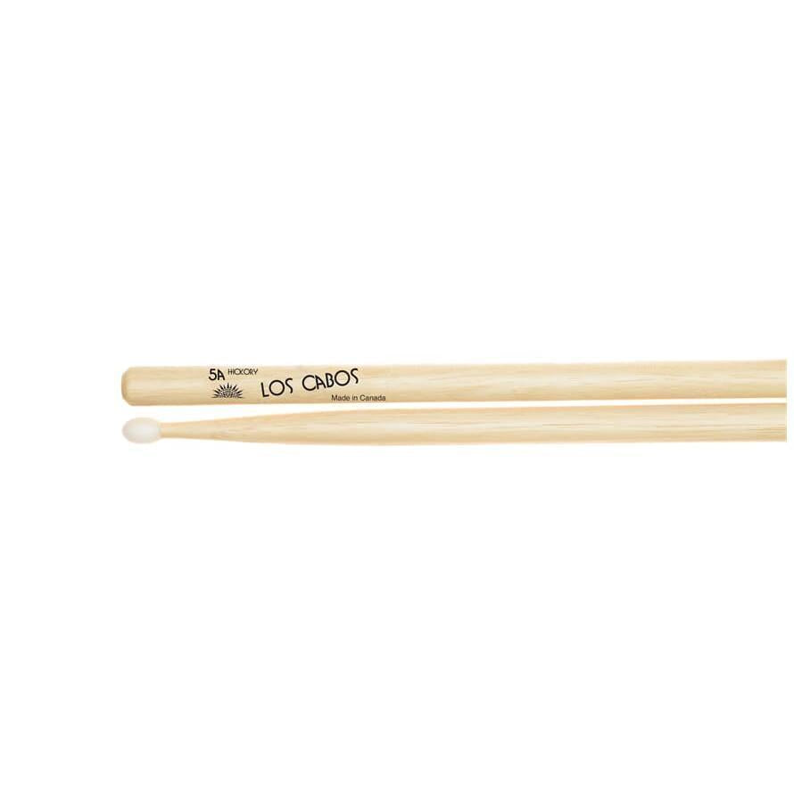 Los Cabos 5A Hickory Nylon Tip drumsticks made from Canadian white hickory wood with balanced weight design.
