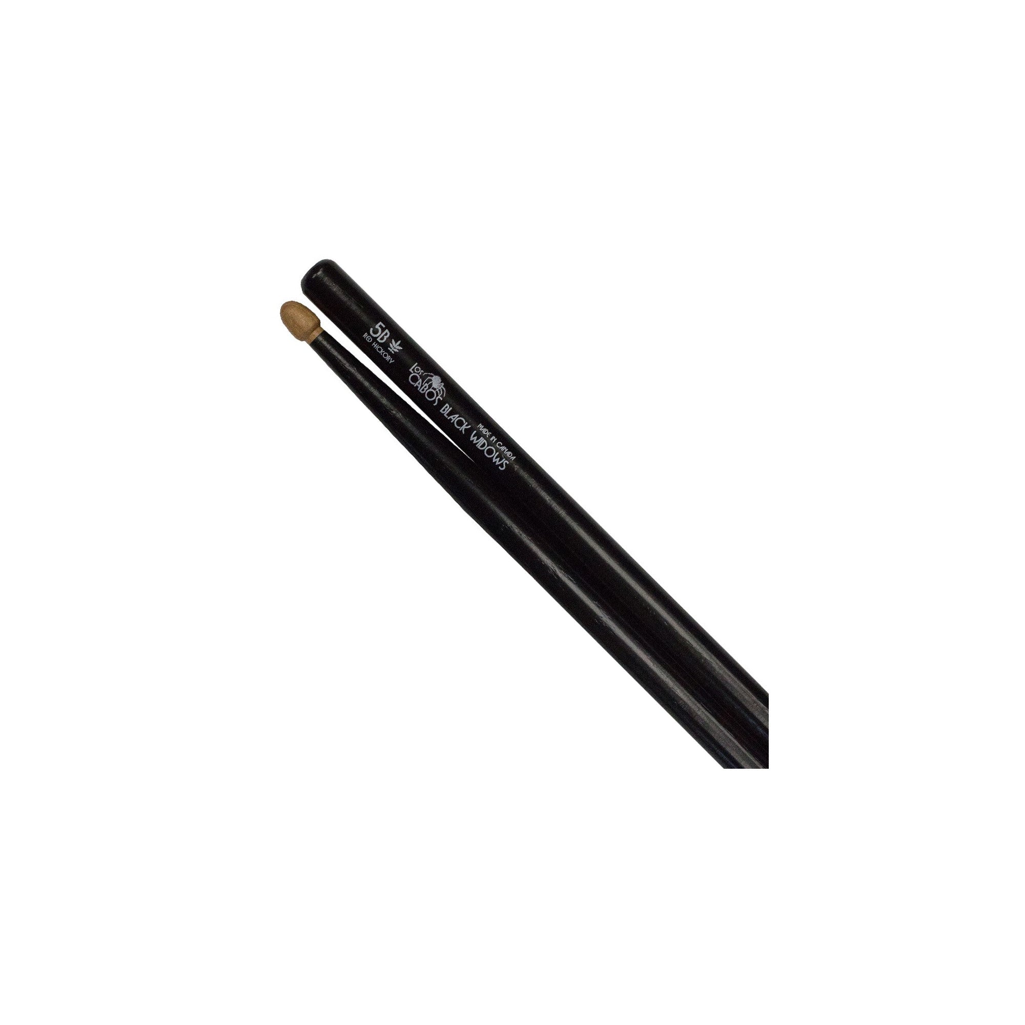 Los Cabos 5B Black Widow Red Hickory Wood Tip drumsticks with balanced weight and black finish by Los Cabos
