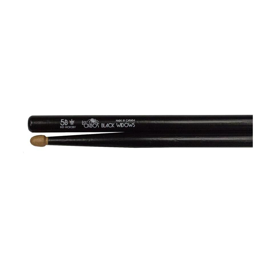 Los Cabos 5B Black Widow Red Hickory Wood Tip drumsticks with black finish and natural wood tips