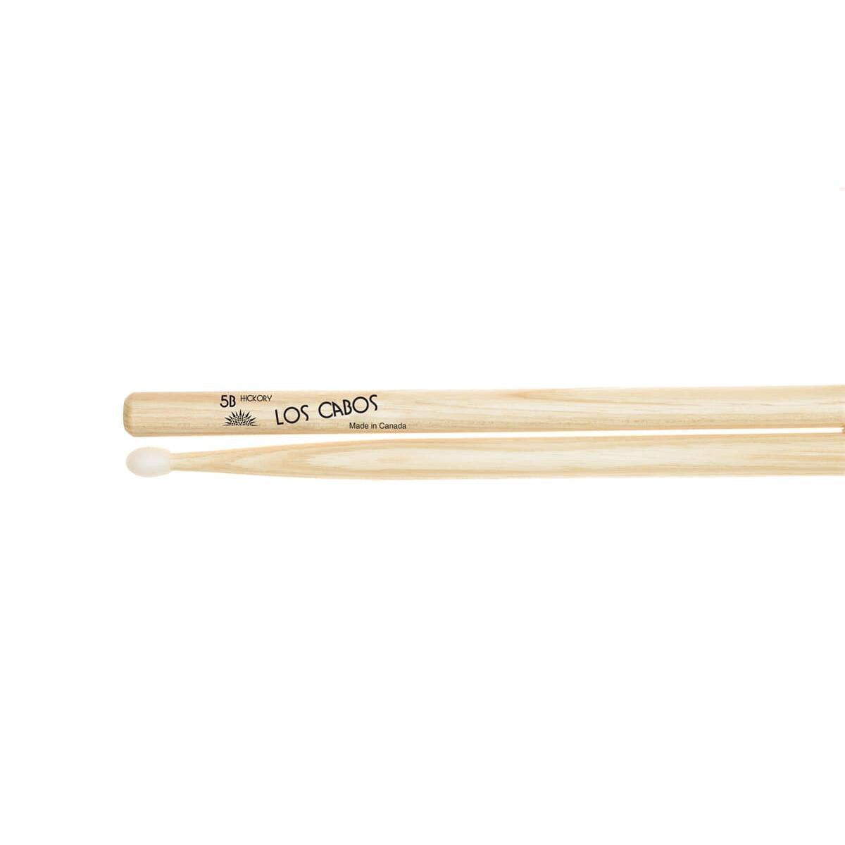 Los Cabos 5B Hickory Nylon Tip drumsticks made from 100% Canadian white hickory wood with olive nylon tips