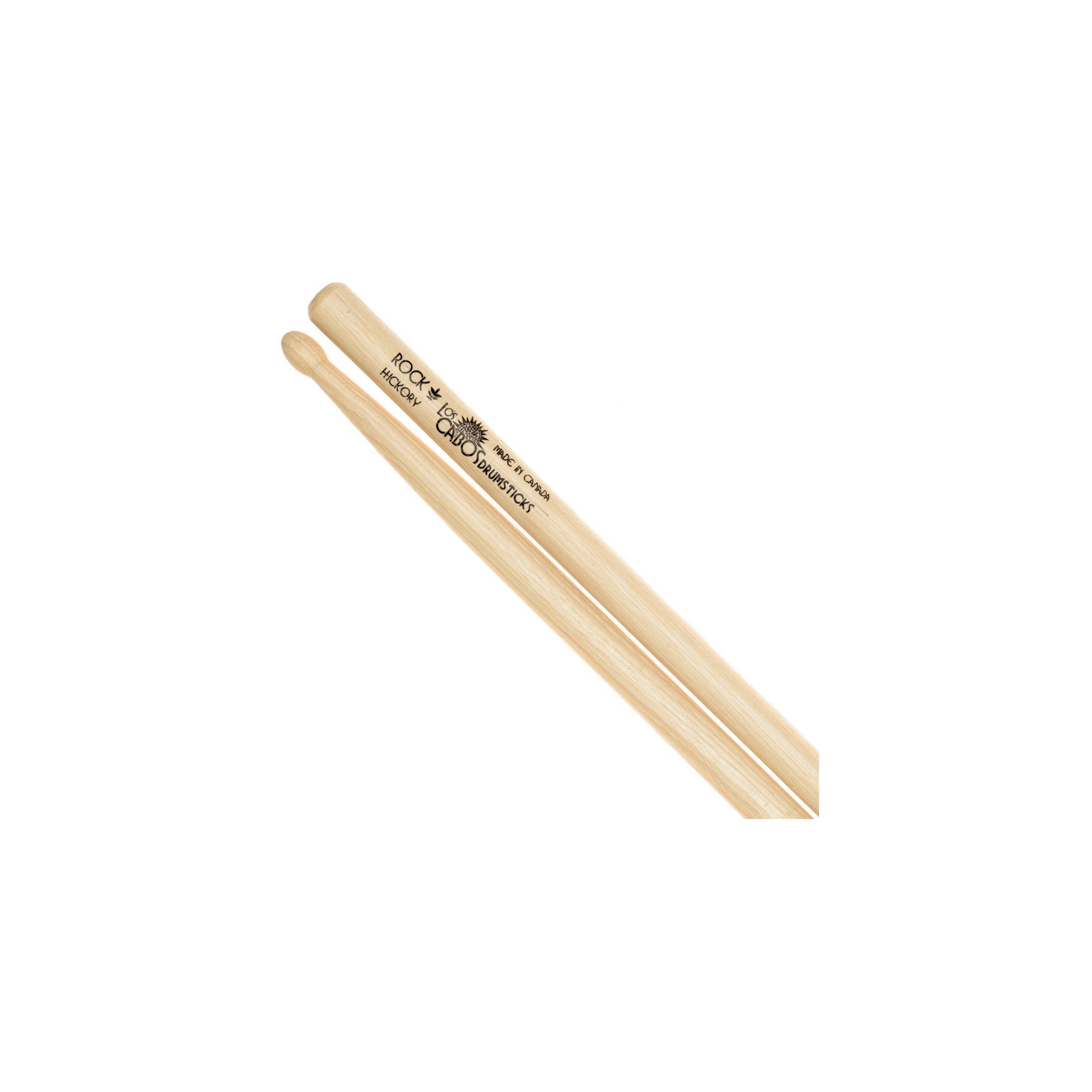 Los Cabos Rock Hickory Wood Tip drumsticks made from 100% Canadian white hickory with natural olive wood color.