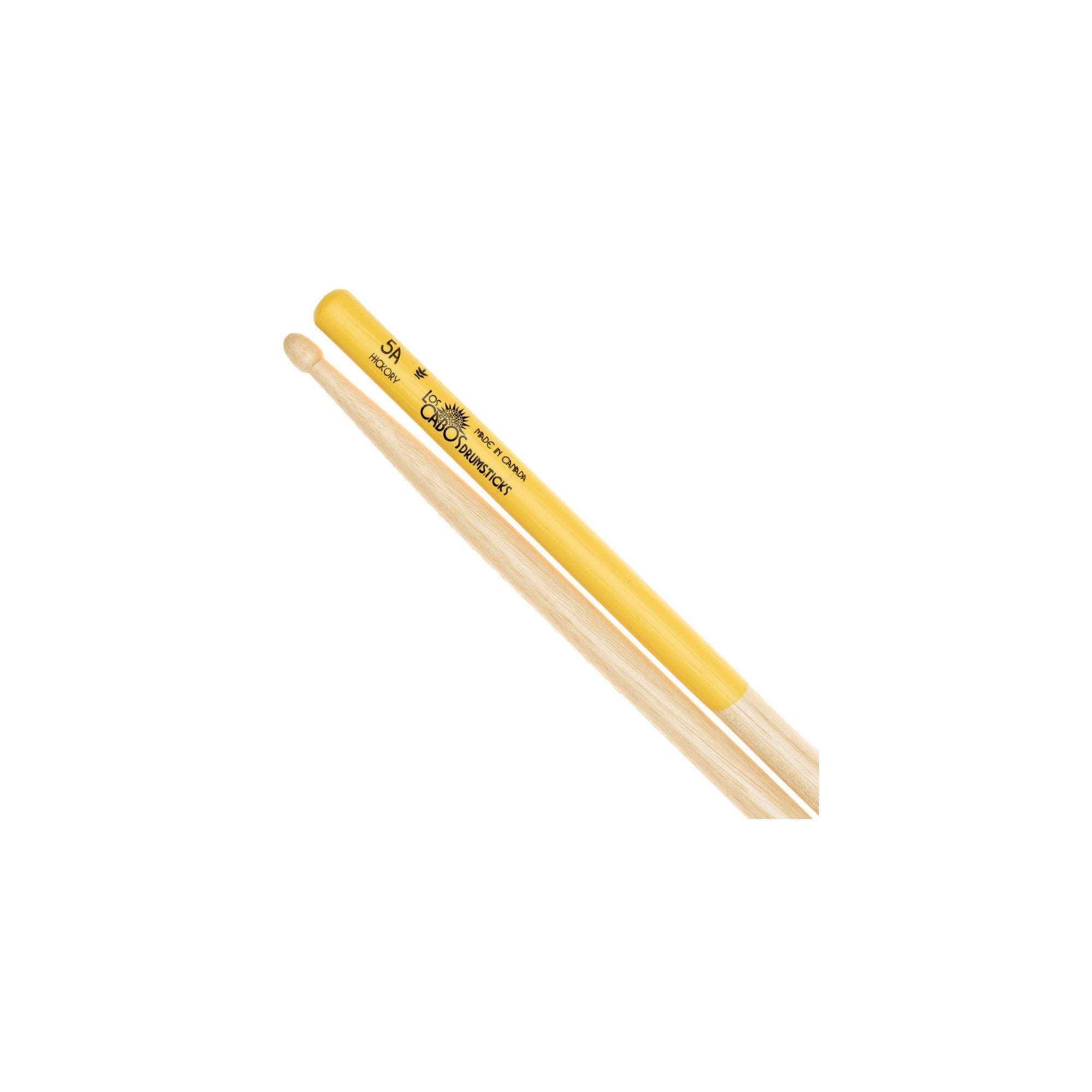 Los Cabos Yellow Jacket Hickory Wood Tip 5A drumsticks with yellow grip and natural wood shaft by Los Cabos.