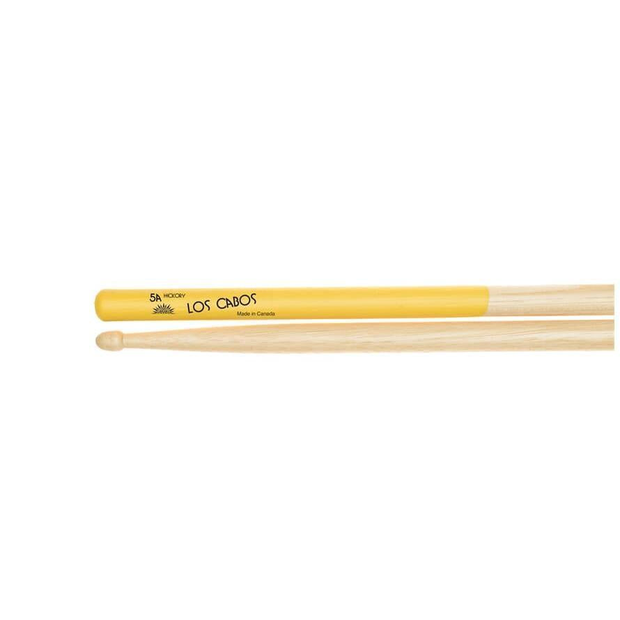 Los Cabos Yellow Jacket Hickory Wood Tip 5A drumsticks made from 100% Canadian white hickory with yellow grip.