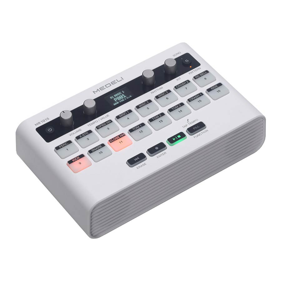 Medeli MR101S - Portable Rhythm Machine in white with control knobs and illuminated function buttons by Medeli