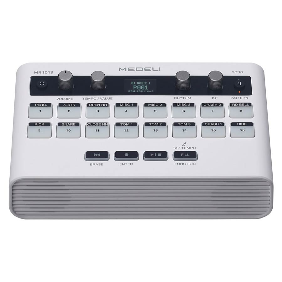 Medeli MR101S - Portable Rhythm Machine in white showing multiple control knobs and drum pads by Medeli